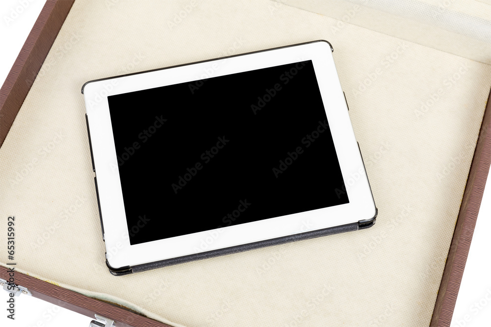 Modern white tablet pc in briefcase isolated on white Modern white tablet pc in briefcase isolated on white