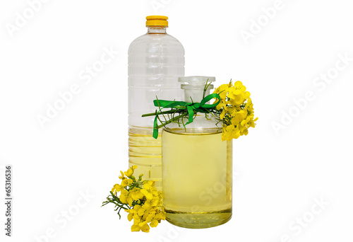 glass and plastic bottle of rape seed oil with rape flowers