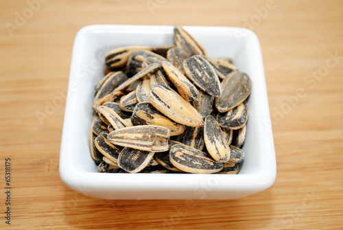 Ranch Flavored Sunflower Seeds in a White Square Bowl