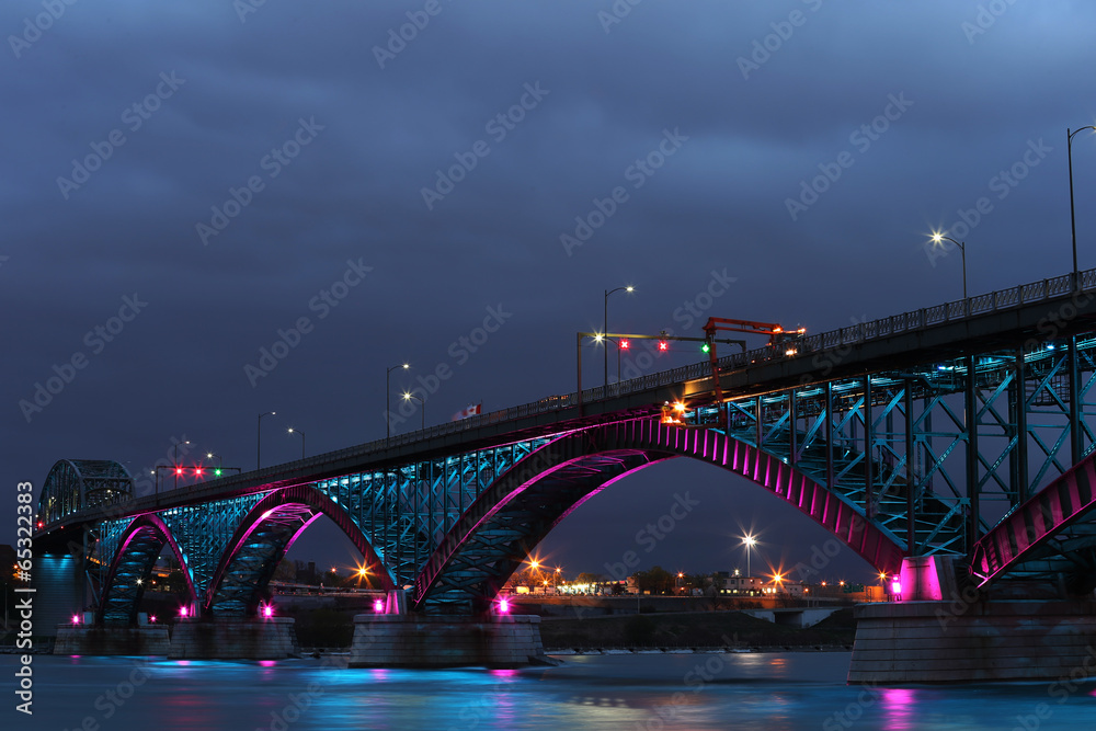 Peace Bridge with blue and pink lights