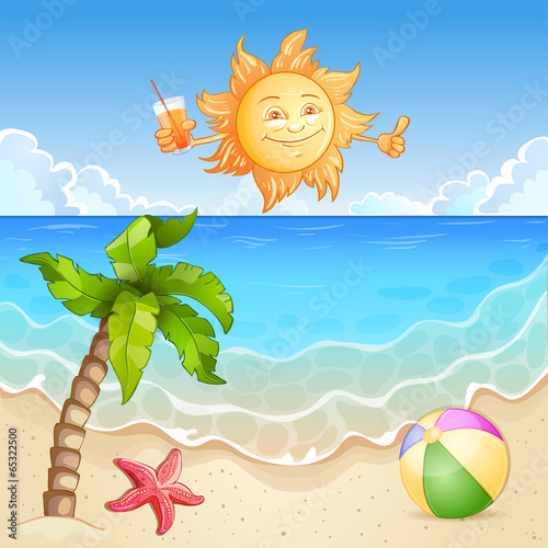 Summer beach illustration with happy sun and palm tree.
