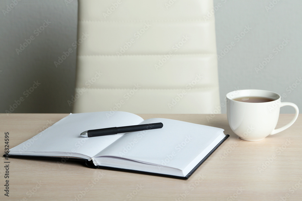 Empty workplace in office on gray background Empty workplace in office on gray background