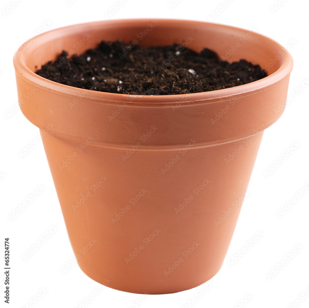 Clay flower pot with soil, isolated on white Clay flower pot with soil, isolated on white