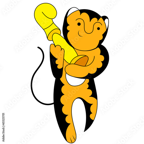 Cartoon tiger champion with a triumphant cup