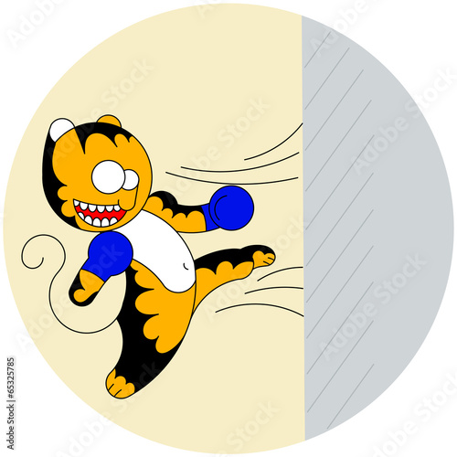 Vector cartoon cute young tiger of martial arts beats a wall