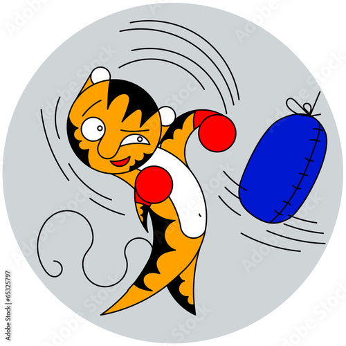 Vector cartoon cute young tiger beats a bag of martial arts