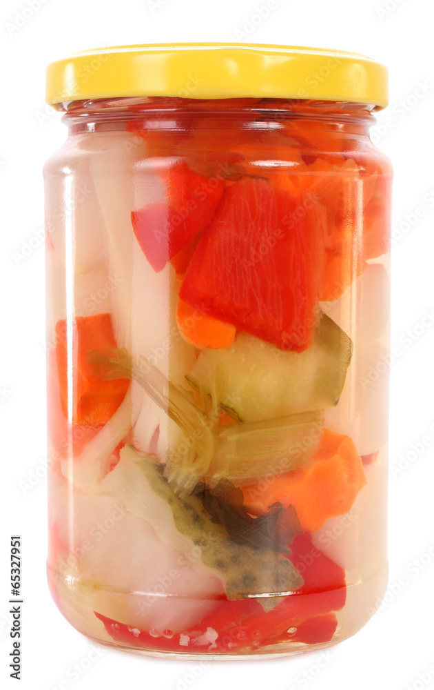 Mixed pickled vegetables in glass jar Mixed pickled vegetables in glass jar