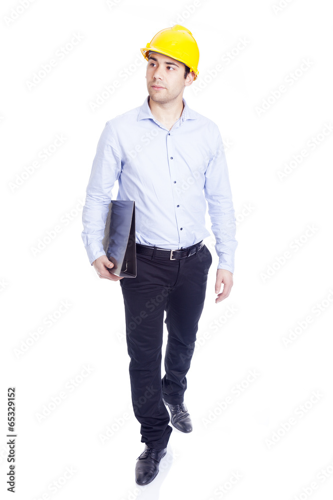 Engineer walking with folder, isolated on white background Engineer walking with folder, isolated on white background