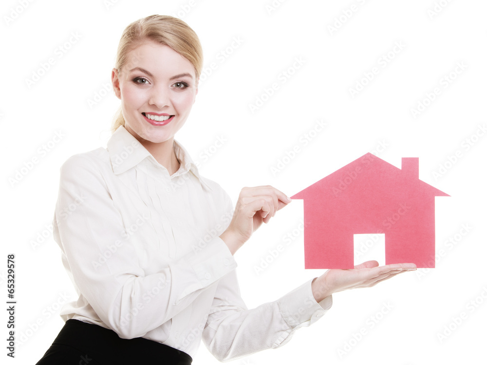 Business woman real estate agent holding red paper house Business woman real estate agent holding red paper house
