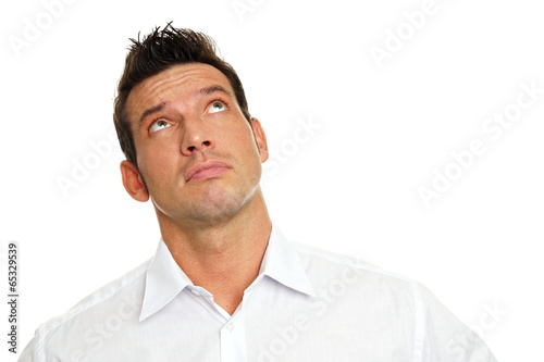 Thinking man at white shirt, right you can write some text