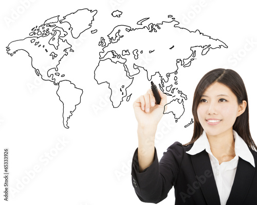 smiling business woman  drawing  global map concept