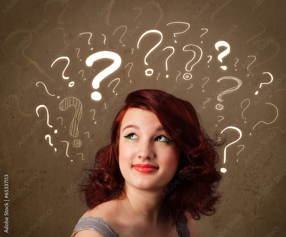 girl with question mark symbols around her head girl with question mark symbols around her head