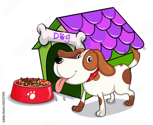 A dog beside the bowl with foods