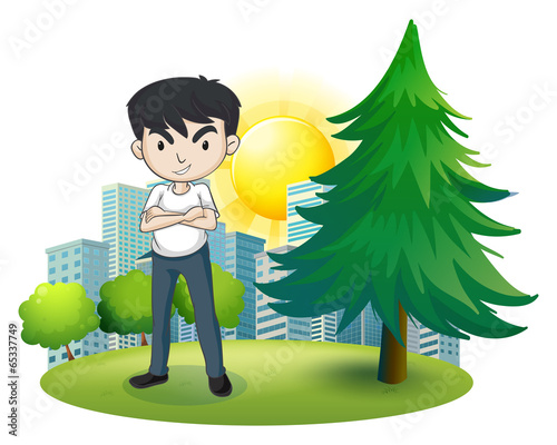 An angry man near the pine tree