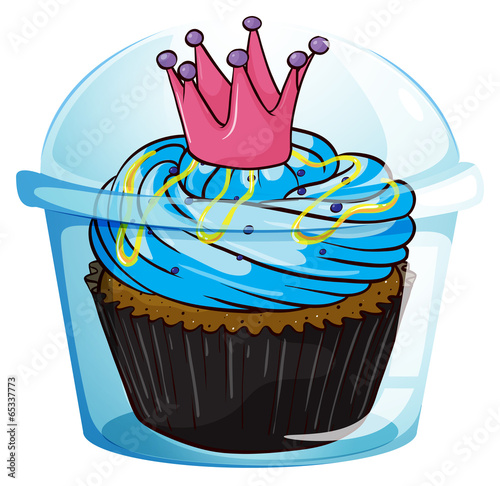A cupcake with a crown inside the sealed container