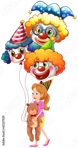 A young lady with clown balloons and a teddy bear