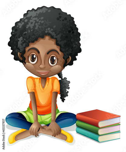 A young Black girl sitting beside her books