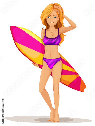 A slim lady surfing