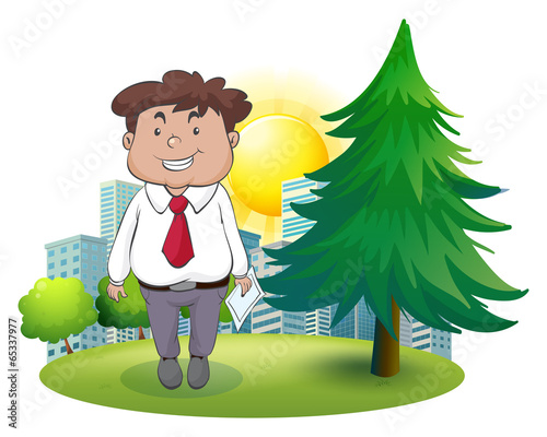 A fat businessman standing beside the pine tree