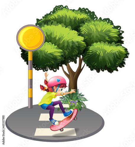 A girl skateboarding near the big tree