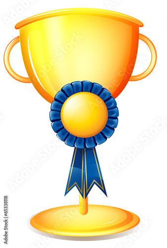 A cup trophy with a blue ribbon