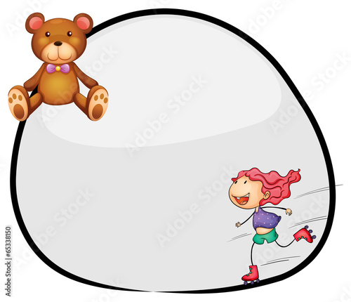 A round template with a young girl rollerskating and a bear