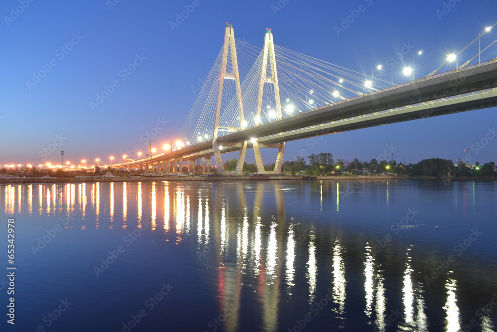 Fototapeta premium Cable-stayed bridge at night, St.Petersburg.