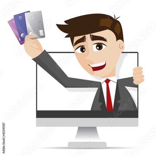 cartoon businessman with credit cards out of moniter