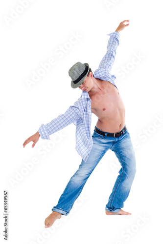 hip hop dancer jumping over white background