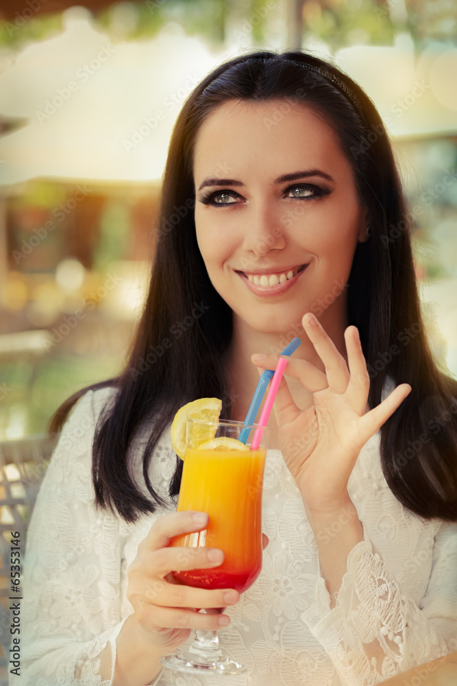 Young Woman with Colorful Cocktail Drink Outside Young Woman with Colorful Cocktail Drink Outside