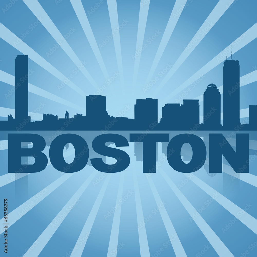 Boston skyline reflected with blue sunburst illustration