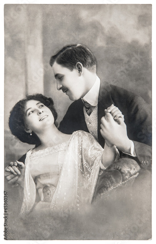 young romantic couple in love. antique sepia picture