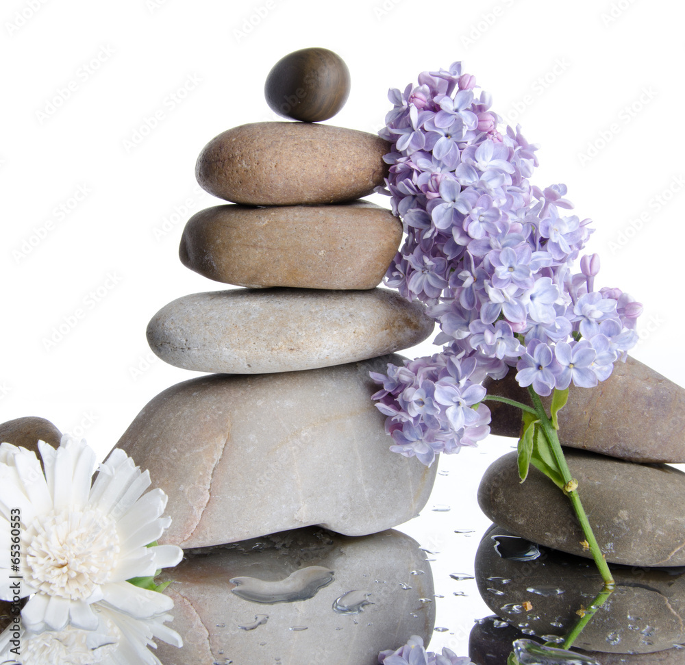 Fototapeta premium Composition of stacked pebbles with lilac