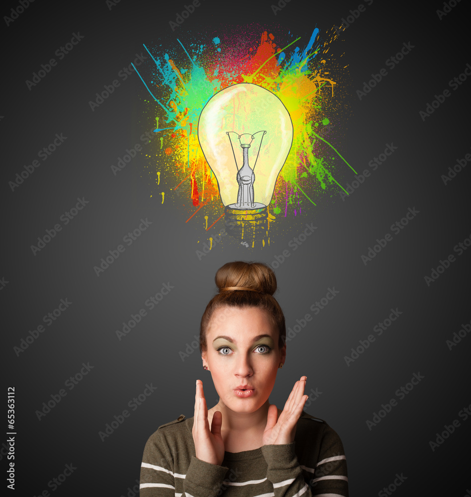 Young woman thinking with lightbulb above her head Young woman thinking with lightbulb above her head