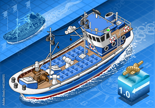 Isometric Fishing Boat in Navigation in Front View