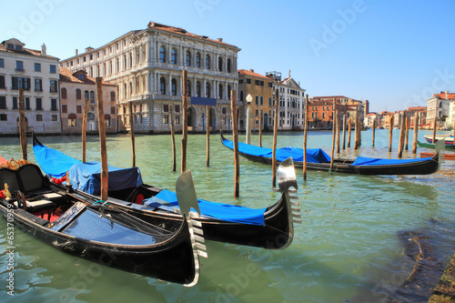 Gondolas on Grand Canal in Venice, Italy.