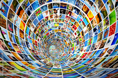 Tunnel of media, images, photographs. Tv, multimedia broadcast.