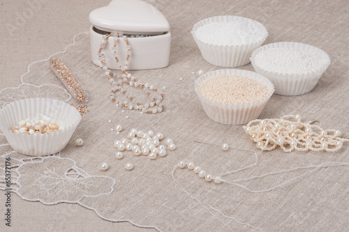 Beads Jewelry On Natural Linen Background. Hand Made