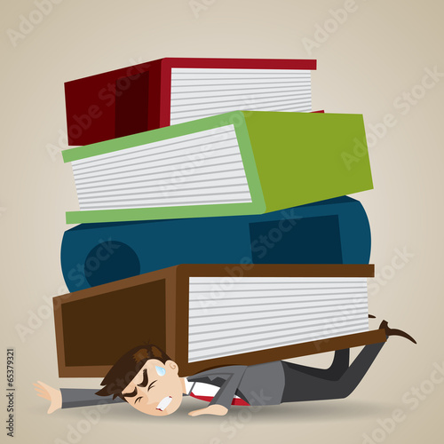 cartoon businessman with stack of folder and book over his back