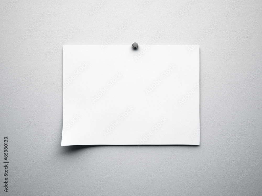 piece of blank paper tacked to white wall - obrazy, fototapety, plakaty 