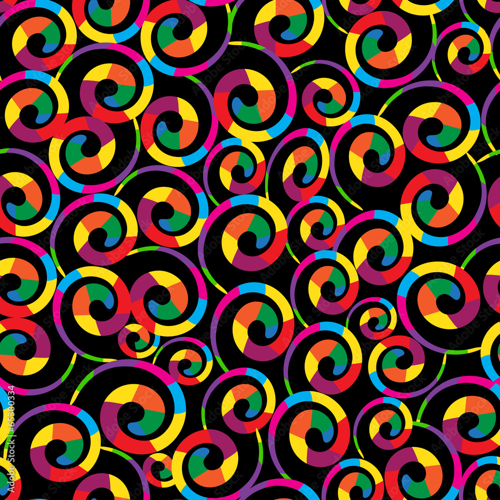 seamless background with colorful spirals on black background