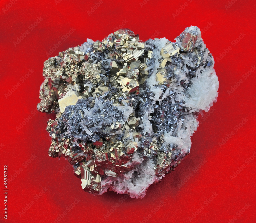 Large pyrite with Galena, calcite, red cloth