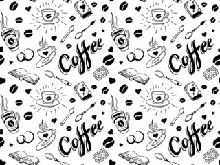 Handdoek met foto Koffie patronen Koffiepatroon in vintage tattoo stijl  © Ms.Moloko