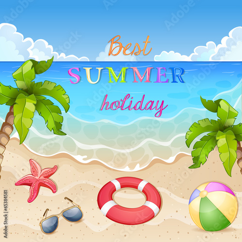 Summer beach illustration with happy sun and palm tree.