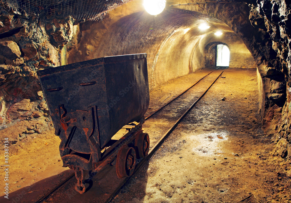 Mine gold underground tunnel railroad - obrazy, fototapety, plakaty 