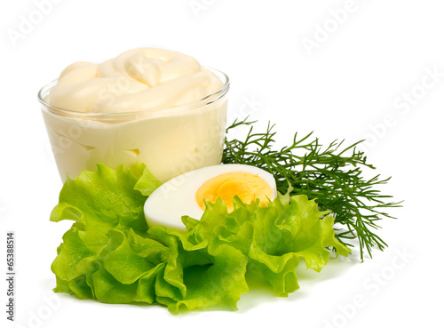 mayonnaise and boiled egg isolated on white