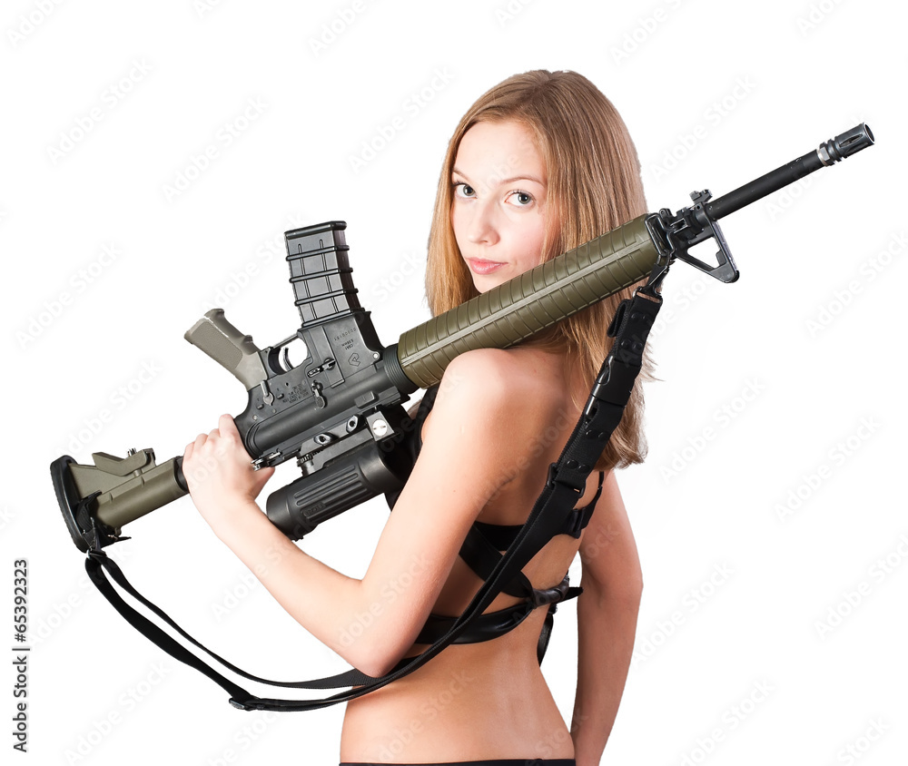 Woman with gun on white