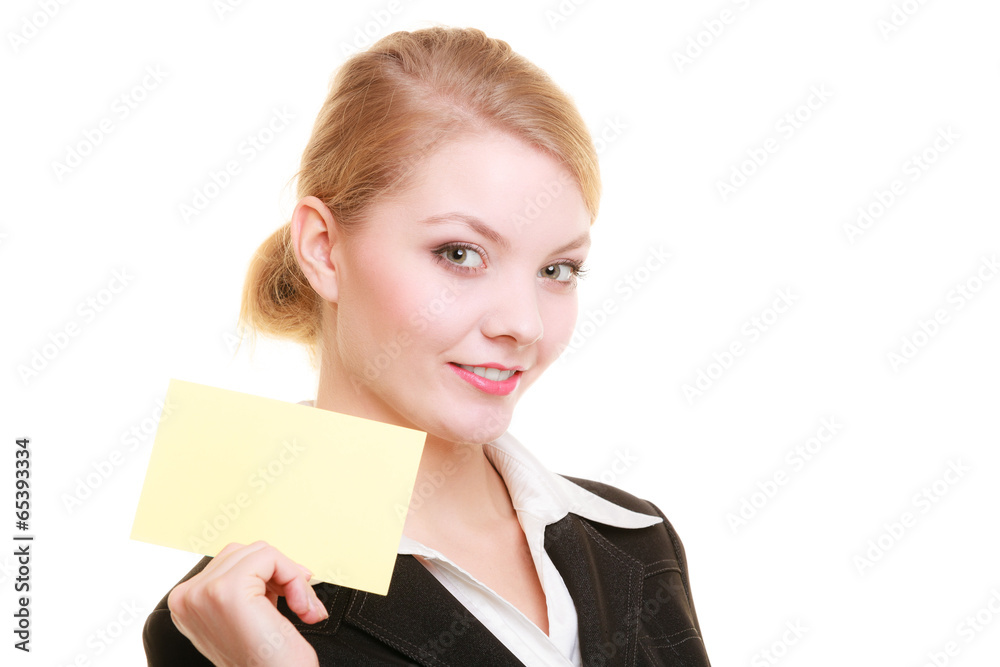 Ad. Businesswoman holding blank copy space card Ad. Businesswoman holding blank copy space card