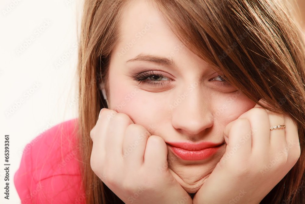 Face of tired woman bored girl college student Face of tired woman bored girl college student
