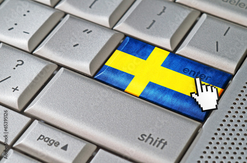 Business concept mouse cursor pressing Sweden enter key on metal